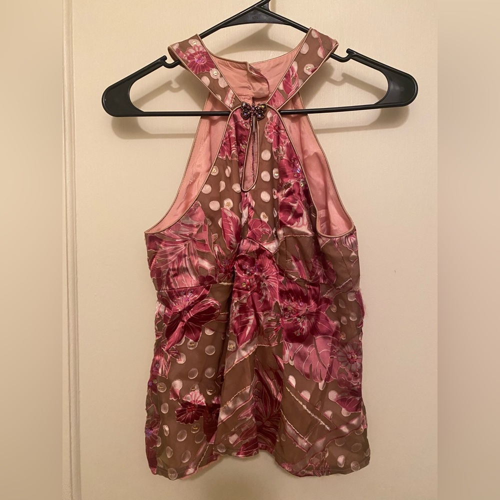 Nanette Lepore Pink Floral and Sequin Halter Top